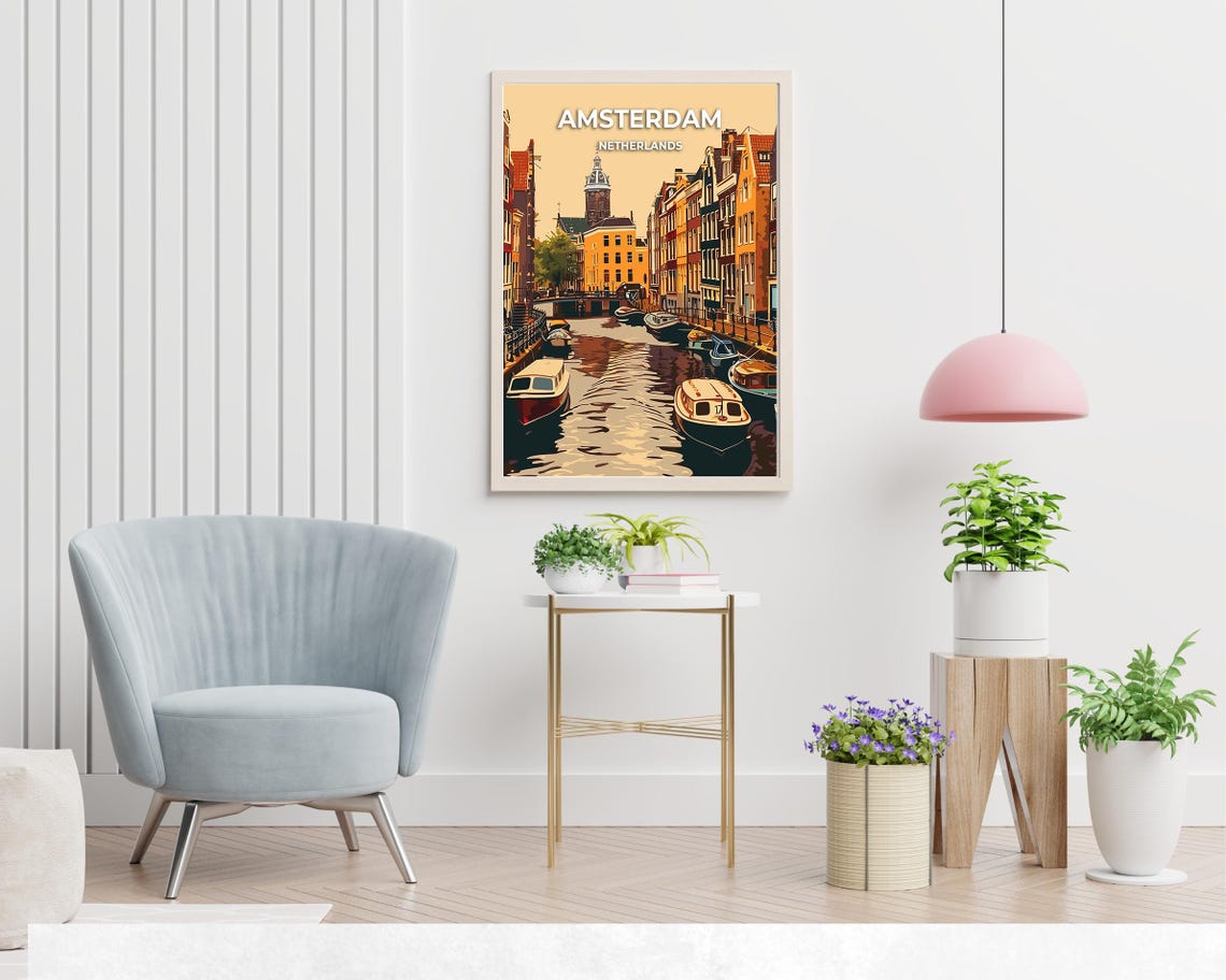 Amsterdam Netherlands Canal Boats Golden Retro Travel Poster - Image 2
