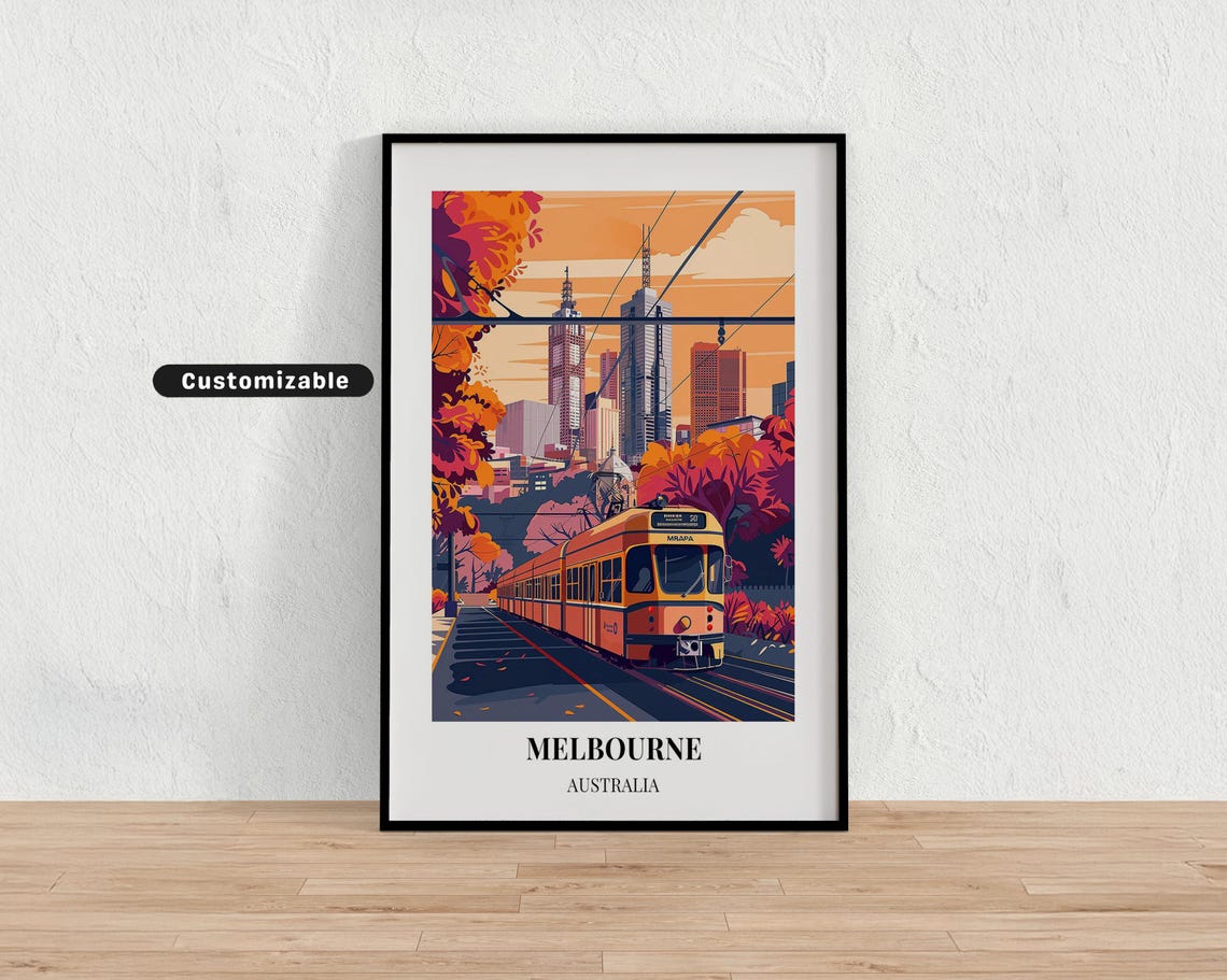 Melbourne Australia Vintage Yellow Tram City Street Travel Poster