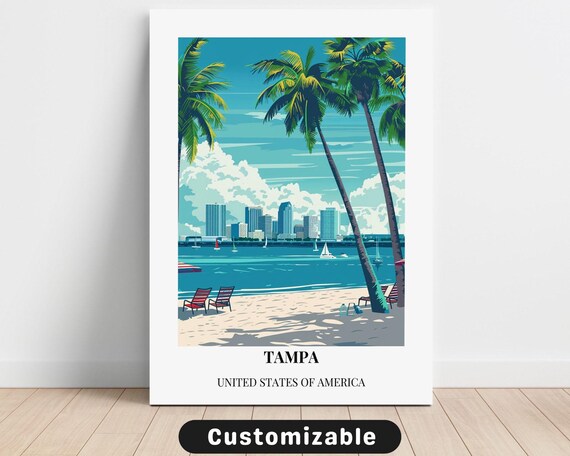 Tampa Florida Beach Skyline White Border Vintage Travel Poster
