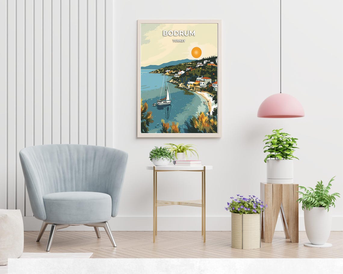 Bodrum Bay With Sailboat and Hillside Village Turkey Travel Poster - Image 2