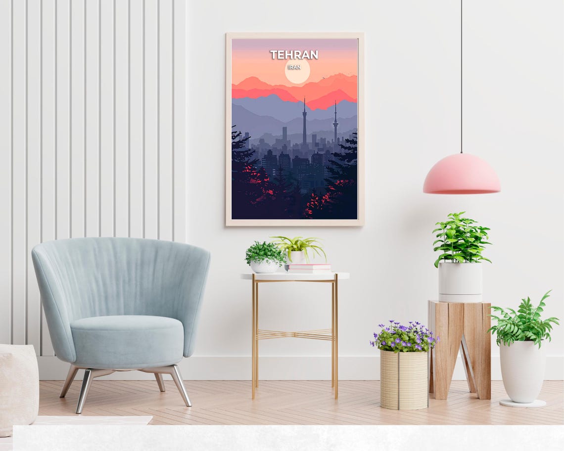 Tehran Iran Milad Tower Mountain Sunset Skyline Silhouette Poster - Image 2