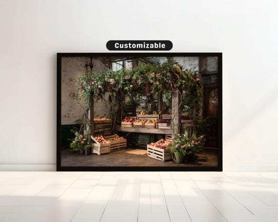 Rustic Market Stand With Fruit Crates And Floral Canopy Bold Wall Art Mediterranean Botanical Decor