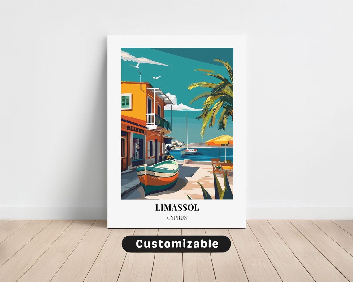 Limassol Cyprus Waterfront Street Travel Poster Harbor Scene
