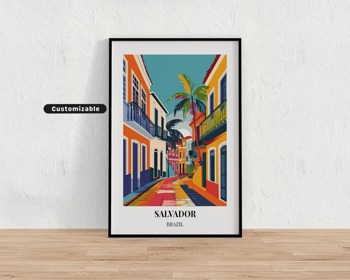 Salvador Brazil Colorful Colonial Street Palms Travel Art Poster