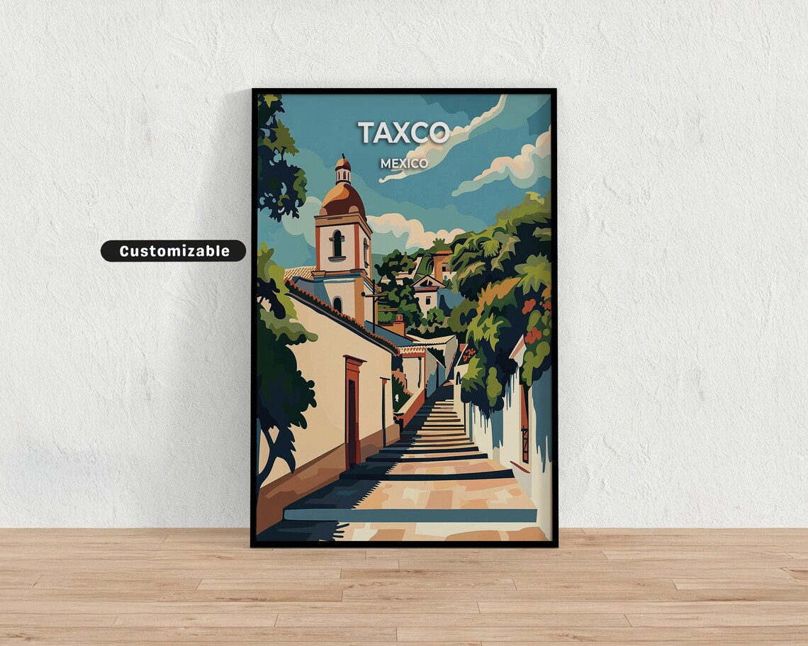 Taxco Mexico Church Bell Tower Steps Vintage Travel Poster Art