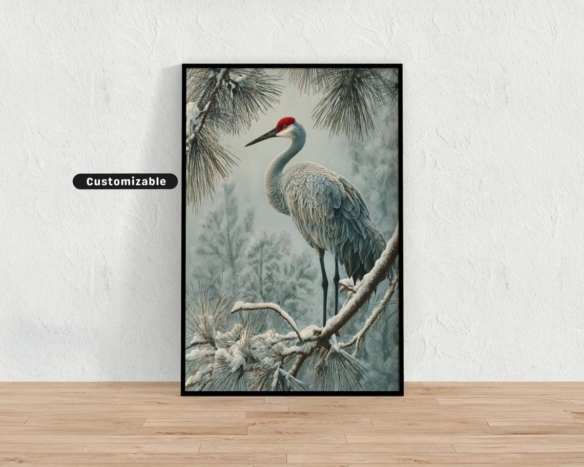 Crane Perched On Pine Branch In Winter Snow Japanese Wall Art Print Zen Asian Decor