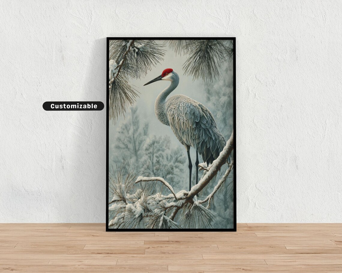 Red Crowned Crane on Snowy Pine Branch Japanese Winter Art Poster