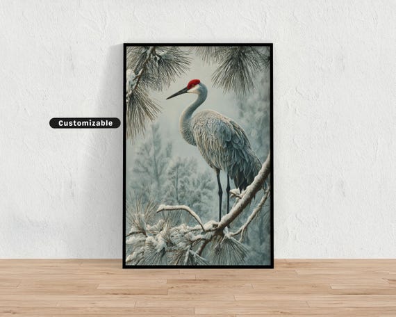 Crane Perched On Pine Branch In Winter Snow Japanese Wall Art Print Zen Asian Decor