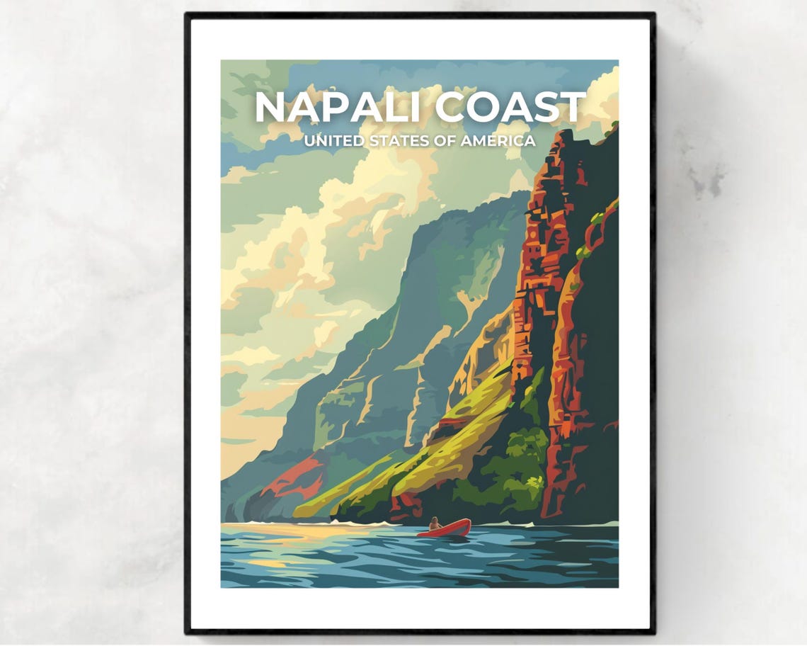 Napali Coast Cliffs Full Bleed Top Text Hawaiian Travel Poster