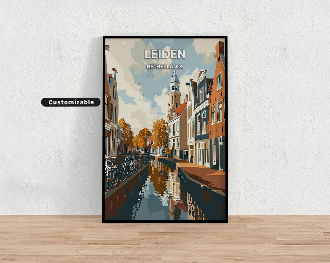 Leiden Netherlands Canal Bicycles Autumn Old Town Travel Poster