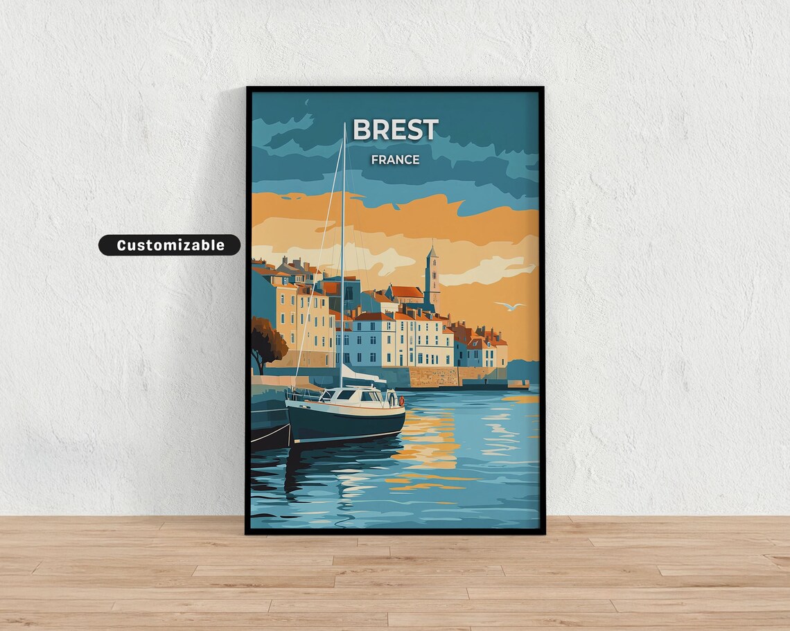 Brest France Fishing Boat Harbor Sunset Vintage Travel Poster