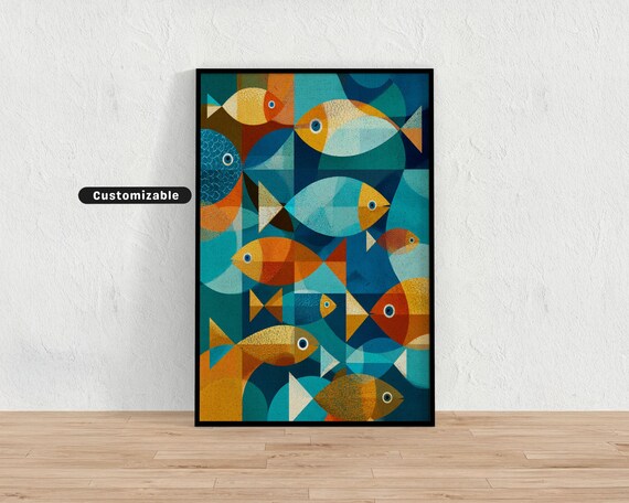 Playful Geometric Fishes Swimming Across A Patchwork Background Mediterranean Colorful Wall Art Tropical Illustration Print Modern Boh