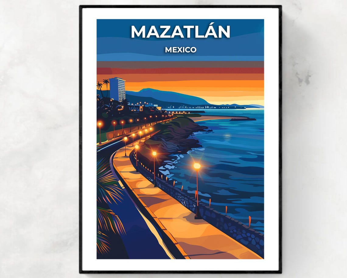 Mazatlán Mexico Sunset Pacific Malecón Boardwalk Dusk Travel Poster