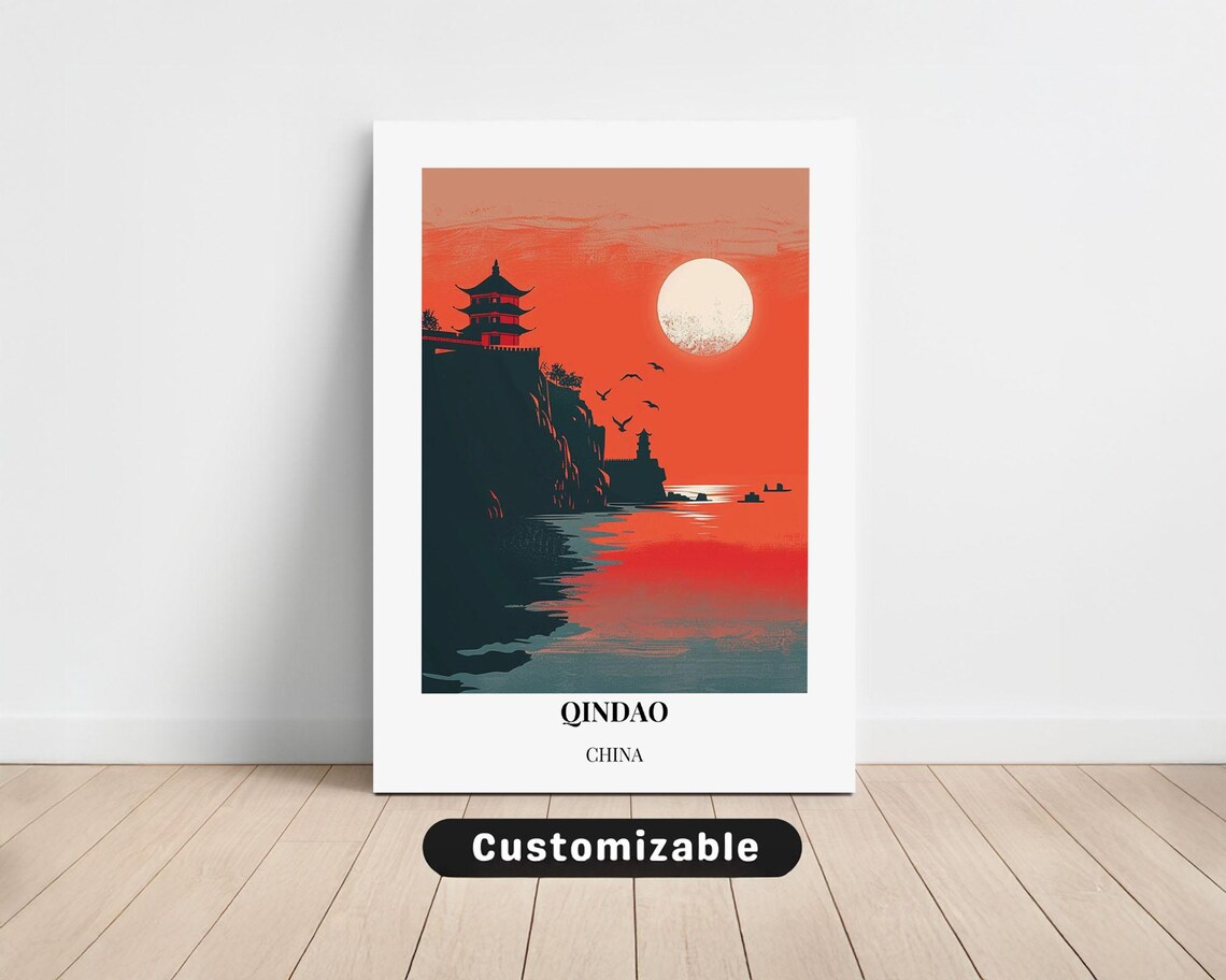 Qindao China Sunset Travel Poster Pagoda Cliff Red Moon Sea Birds