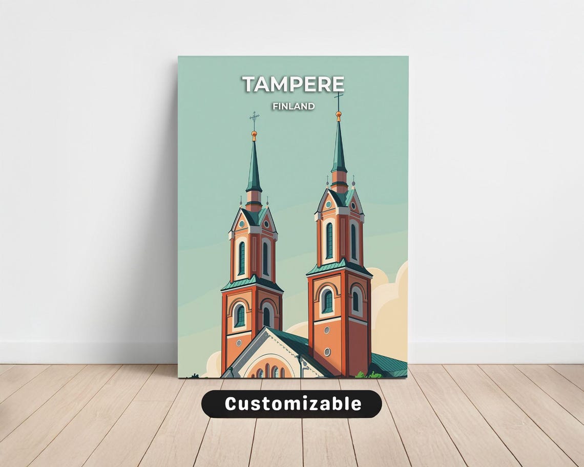 Tampere Finland Twin Church Spires Mint Travel Illustration Poster