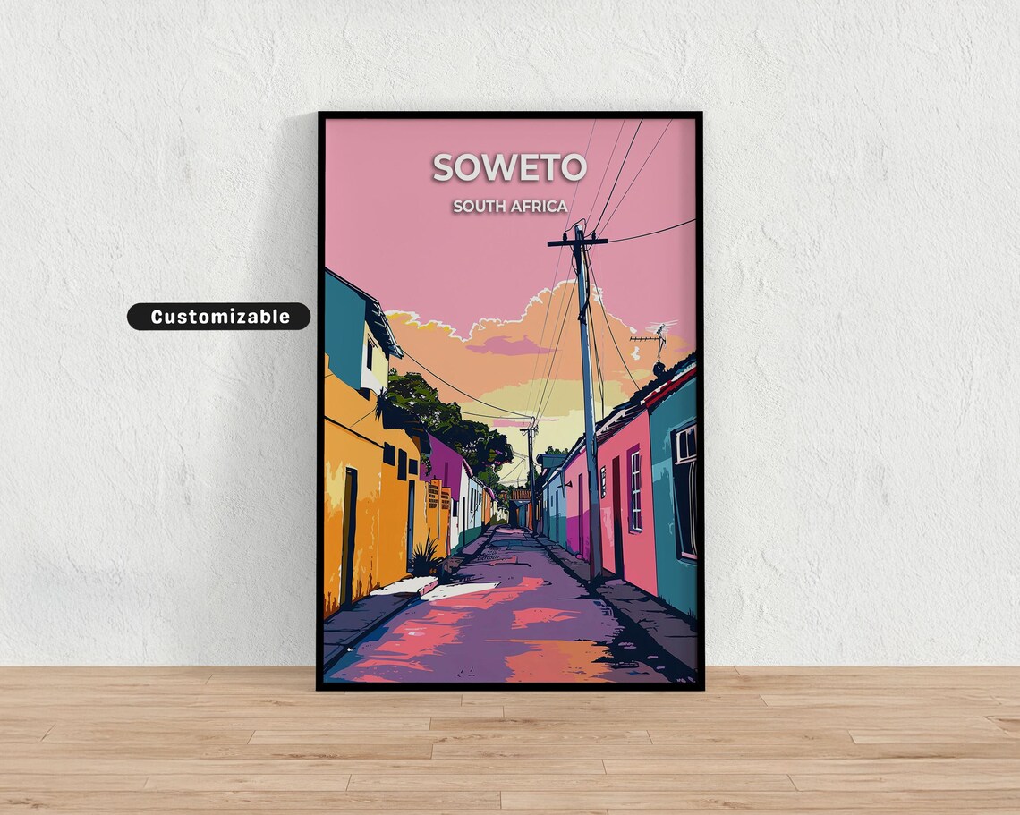 Soweto South Africa Sunset Street Pink Sky Colorful Houses Poster