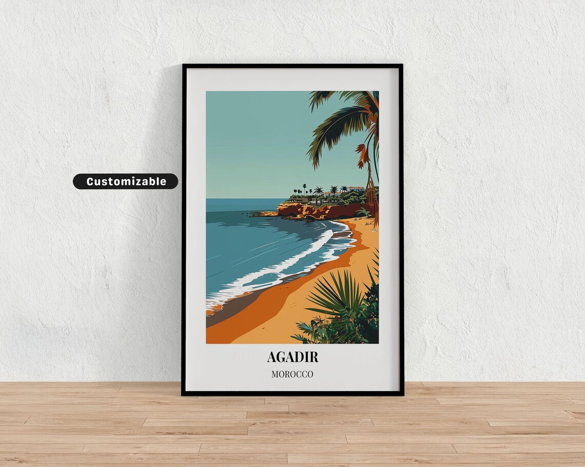 Agadir Morocco Sunny Beach Palm Cove Headland Waves Travel Poster