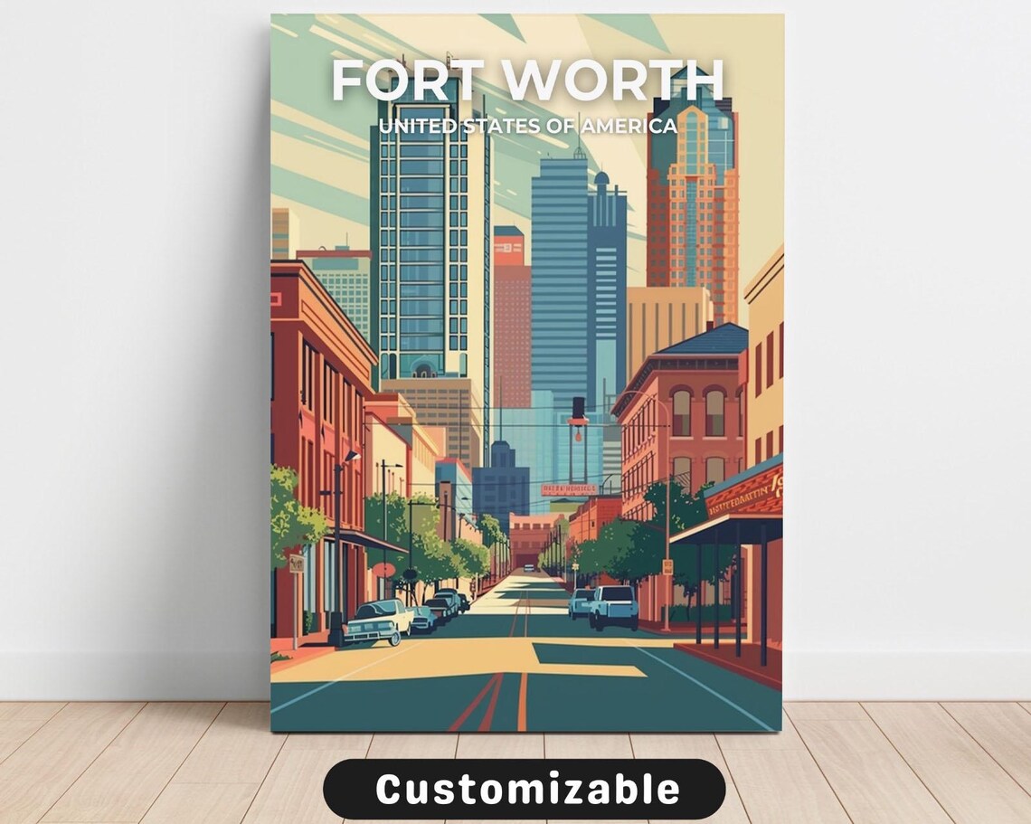 Fort Worth Downtown Skyline Retro Travel Poster United States of America