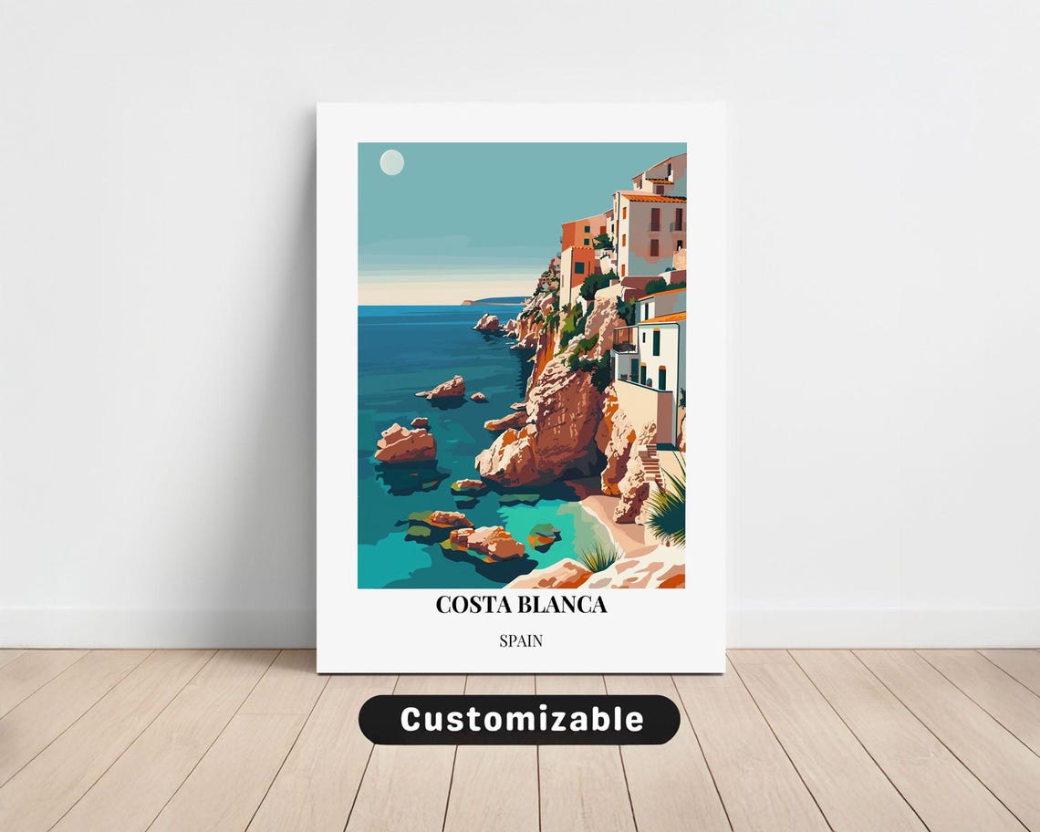 Costa Blanca Spain Cliffside Coastal Village Vintage Travel Poster