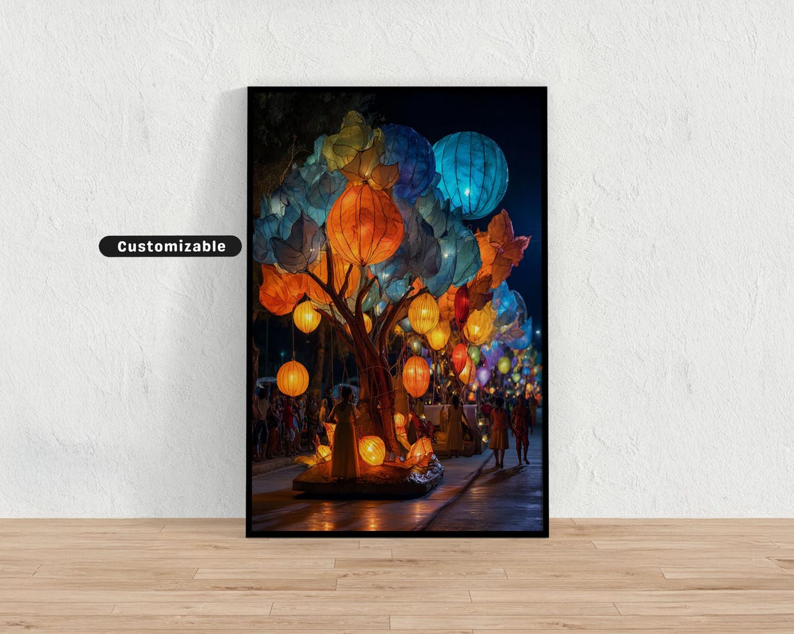 Colorful Lantern Tree Festival Float Night Parade Japanese Poster