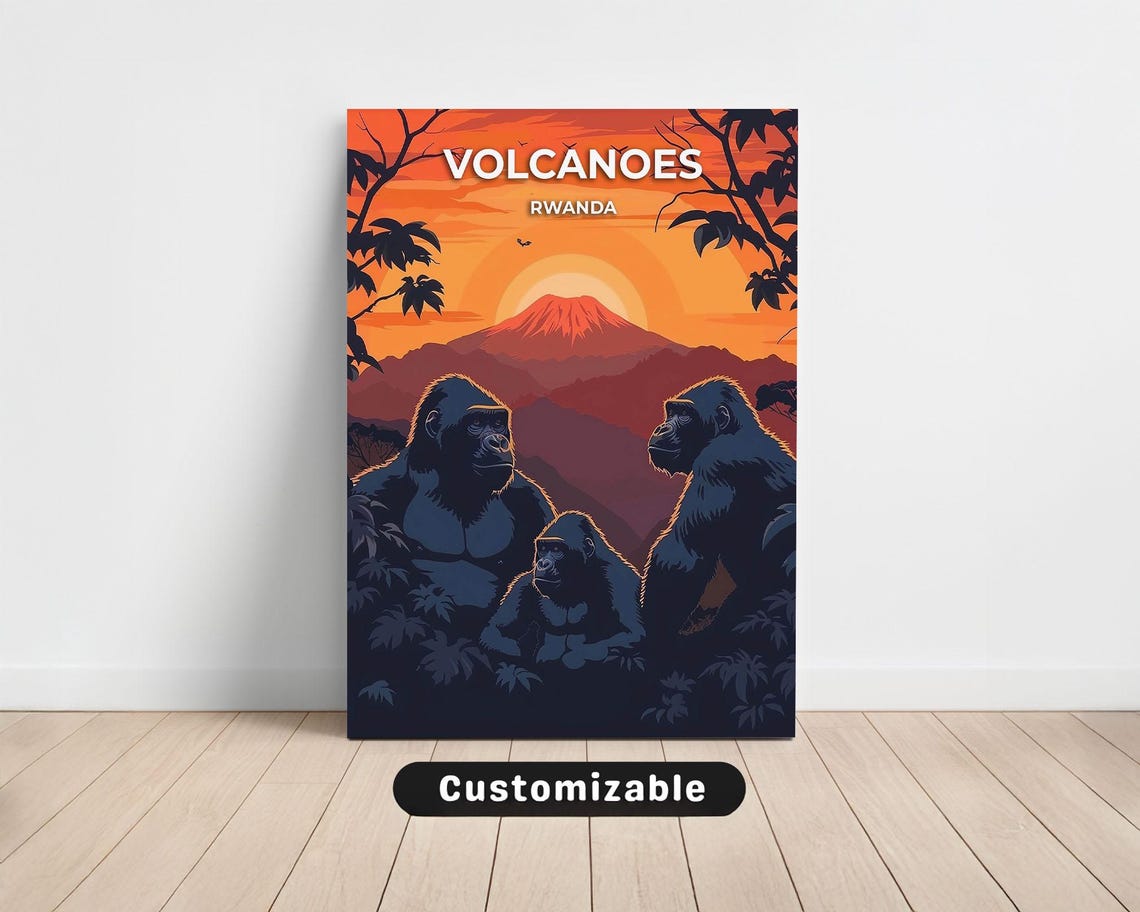 Volcanoes Rwanda Mountain Gorilla Sunset Wildlife Travel Poster