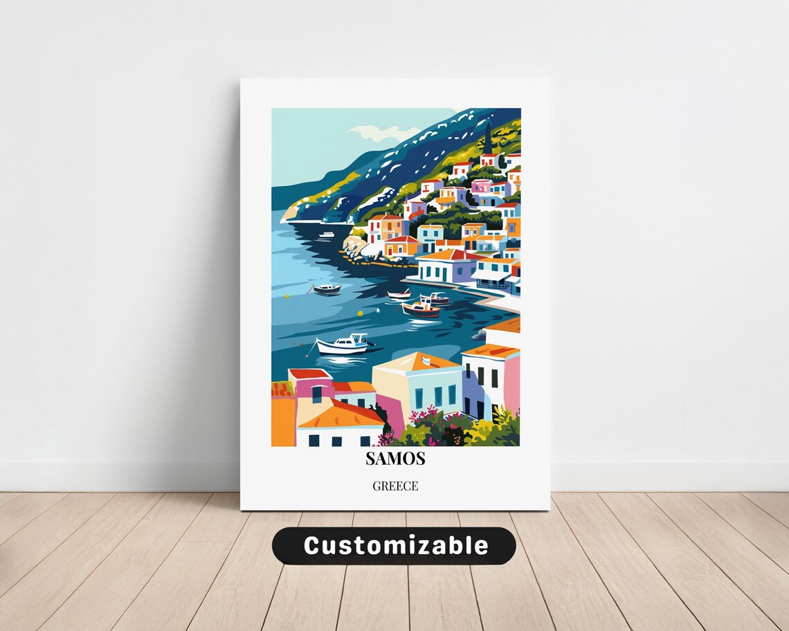 Samos Greece Sunny Colorful Fishing Harbor Town Art Travel Poster