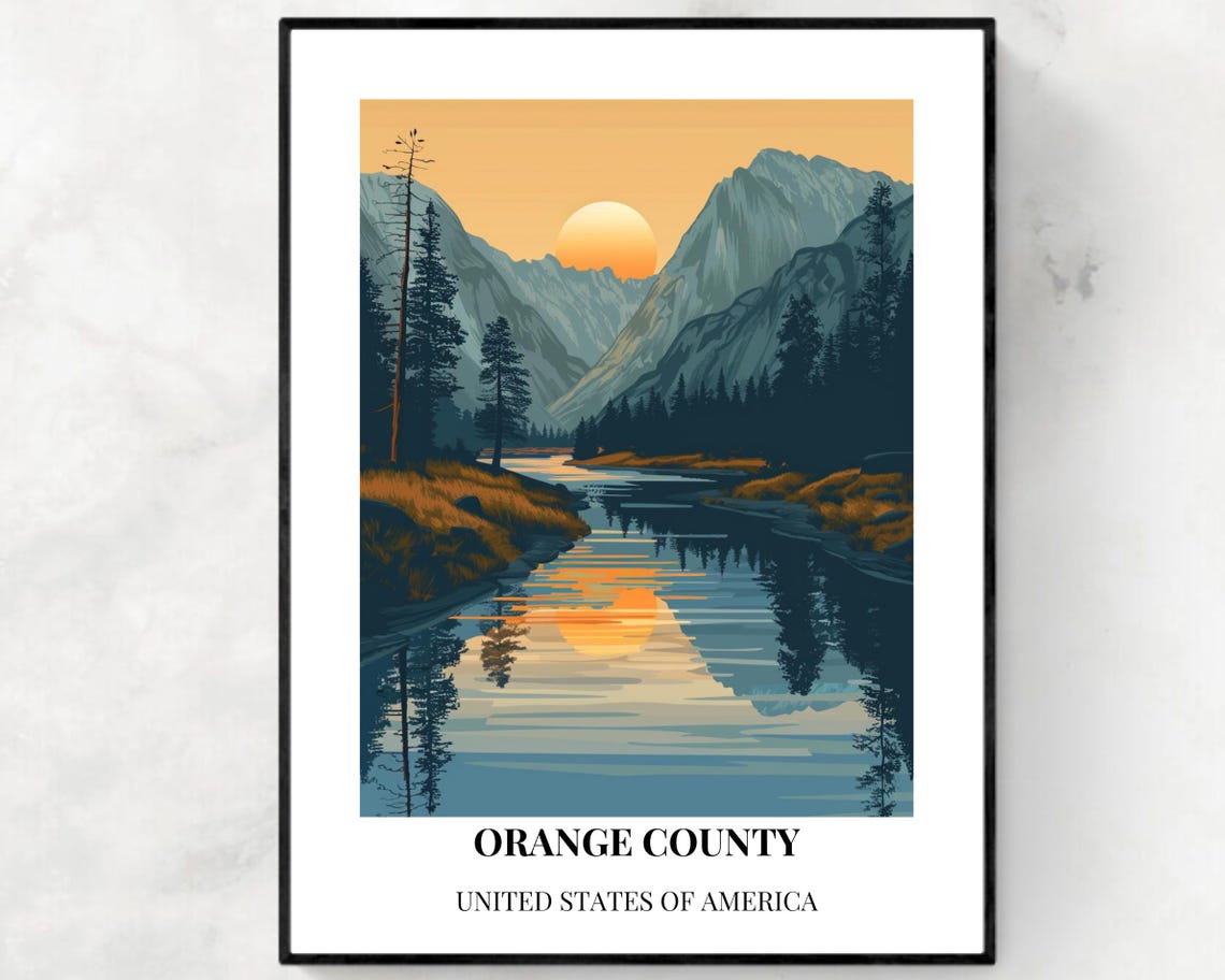Orange County California Mountain River Sunset Travel Poster