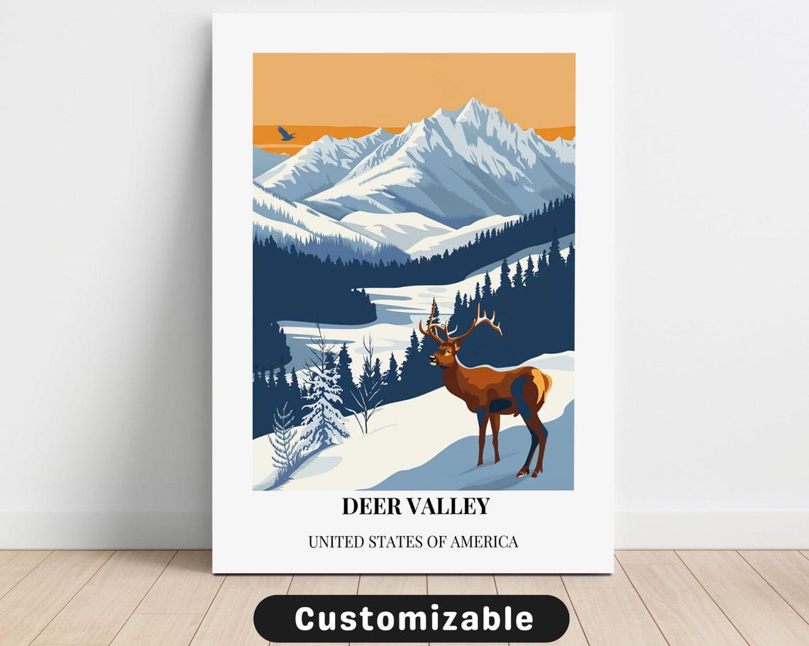 Deer Valley USA Winter Travel Poster Elk Snowy Mountain Landscape