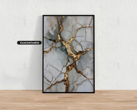 Kintsugiinspired Abstract Gold Line Over Cracked Ceramic Design Japanese Wall Art Print Zen Asian Decor