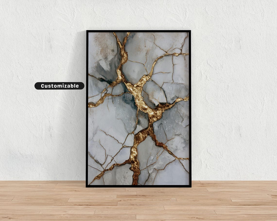 Kintsugiinspired Abstract Gold Line Over Cracked Ceramic Design Japanese Wall Art Print Zen Asian Decor