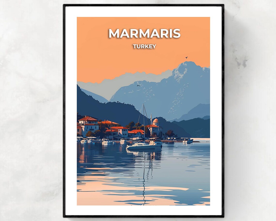 Marmaris Turkey Sunset Harbor Boats Mountains Vintage Travel Poster