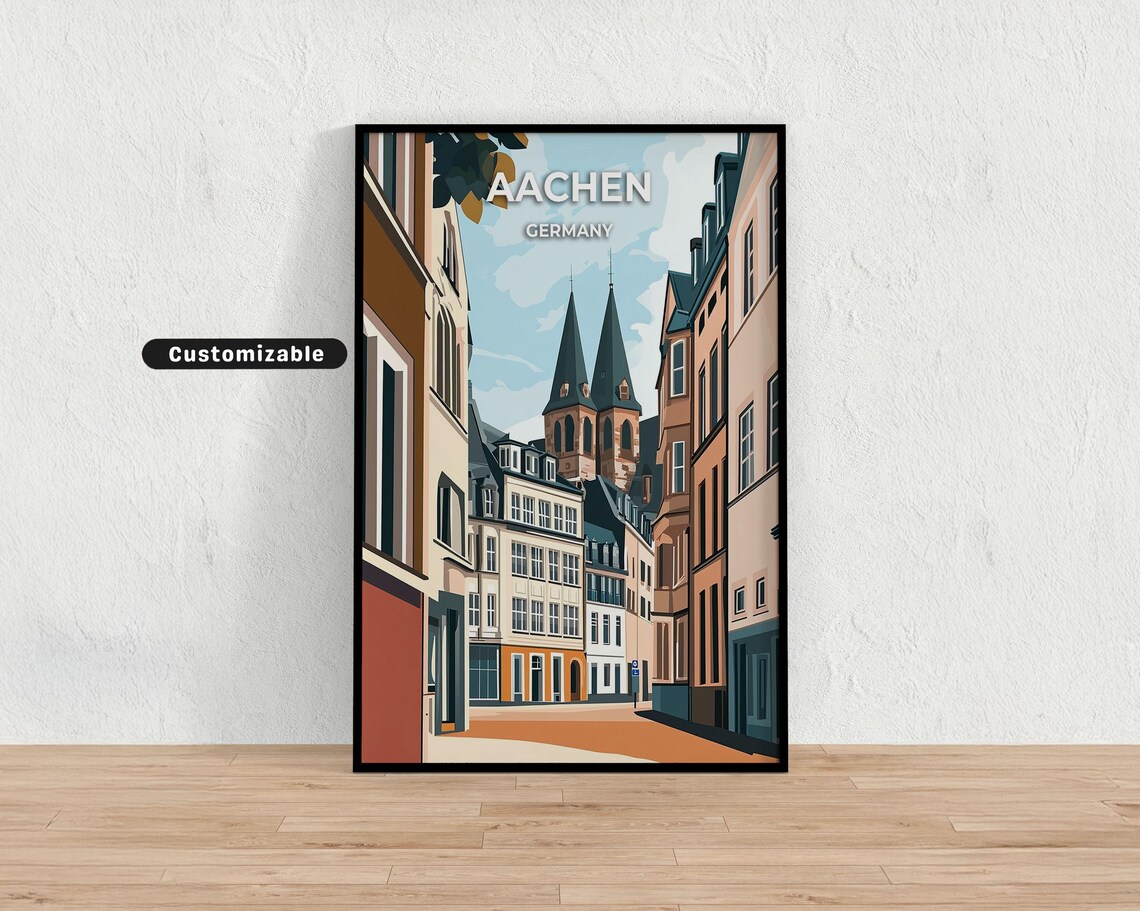 Aachen Germany Old Town Street Twin Towers Retro Travel Poster