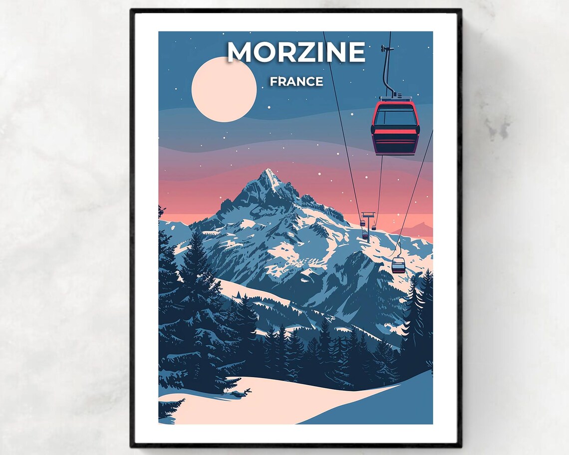 Morzine Night Gondola Under Starry Sky France Alps Travel Poster