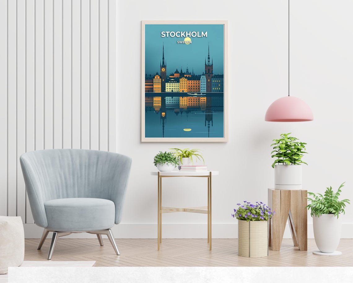 Stockholm Sweden Moonlit Gamla Stan Skyline Reflection Travel Poster - Image 2