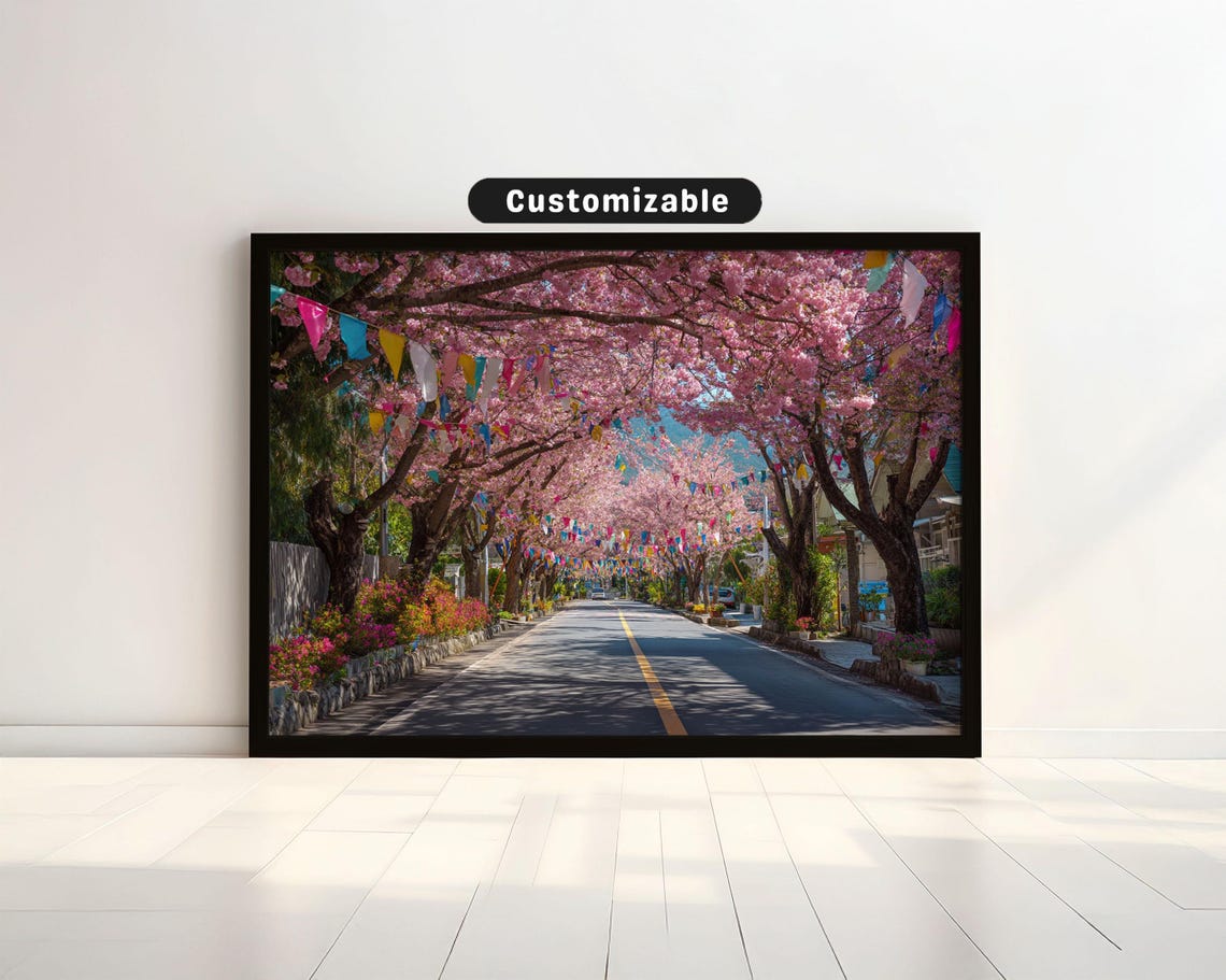 Village Road Lined With Cherry Trees And Paper Flags Japanese Wall Art Print Zen Asian Decor