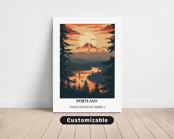 Portland Mount Hood Sunset White Border Vintage Travel Poster