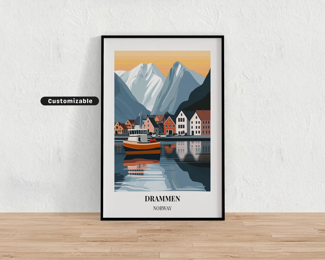 Drammen Norway Harbor Boat Snowy Mountain Sunrise Travel Poster