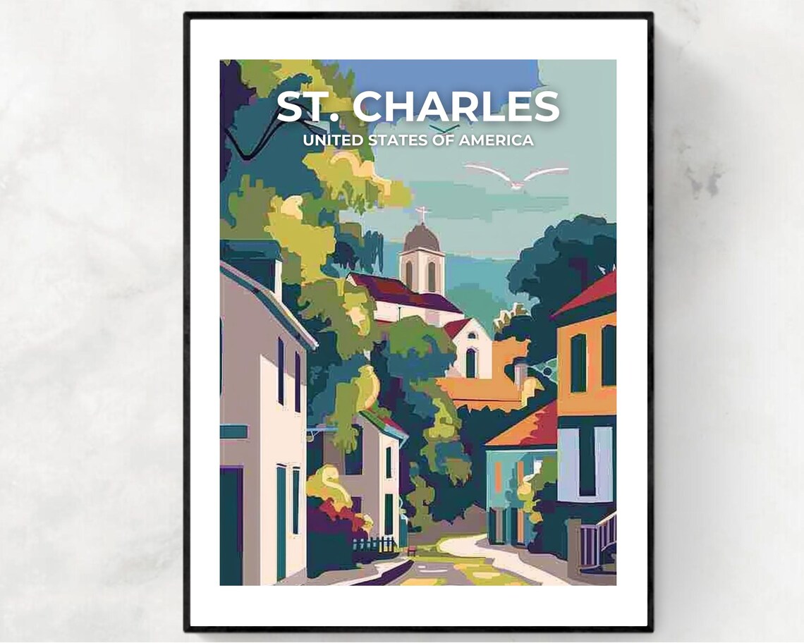St Charles USA Charming Old Town Church Trees Lane Scene Art Poster