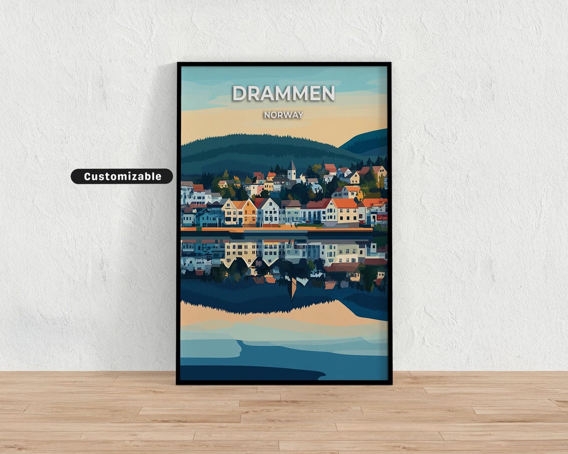 Drammen Norway Waterfront Town Reflection Church Hills Travel Poster