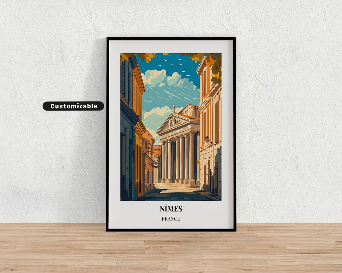 Nimes France Roman Temple Columned Facade Vintage Travel Poster