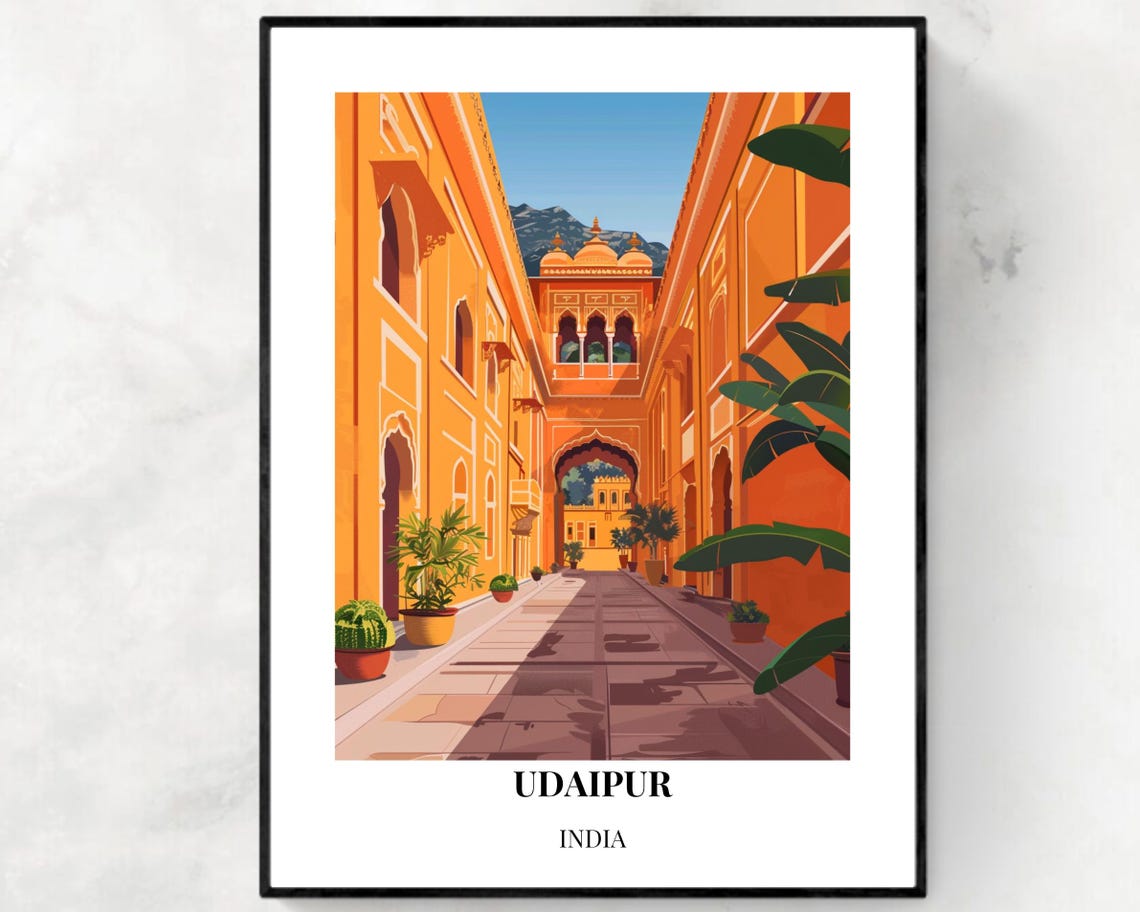 Udaipur India Orange Palace Courtyard Arches Vintage Travel Poster