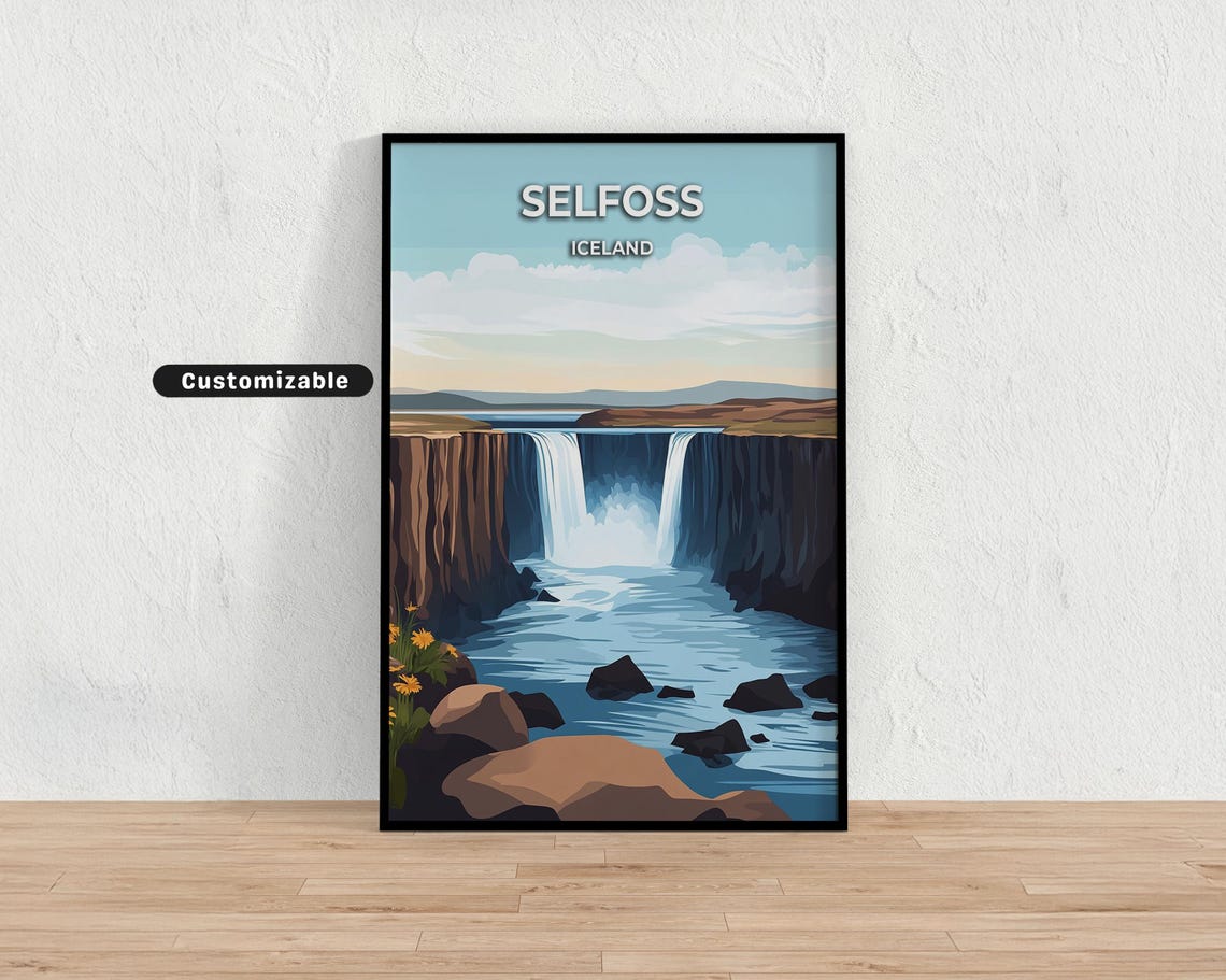 Selfoss Iceland Waterfall Travel Poster Brown Cliffs River Scene