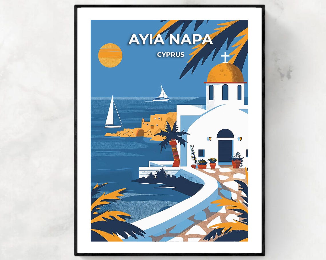 Ayia Napa Cyprus White Chapel Sailboats Sunset Travel Poster