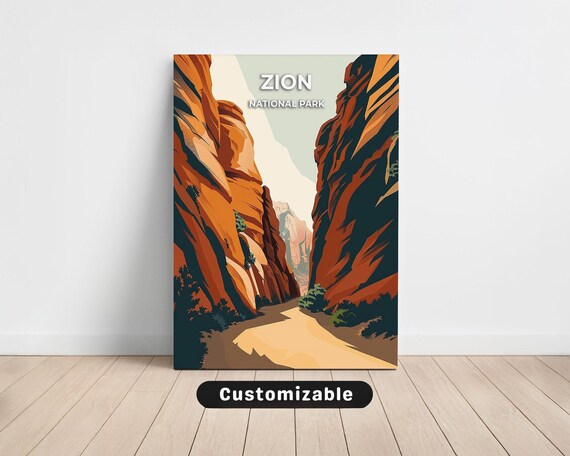 Zion National Park Red Rock Canyon Cliffs Vintage Travel Art Poster