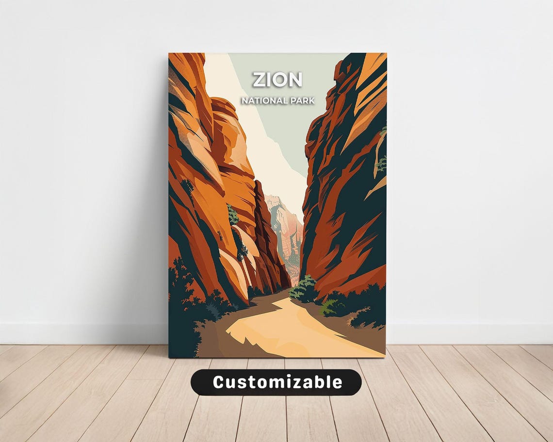 Zion National Park Red Rock Canyon Cliffs Vintage Travel Art Poster