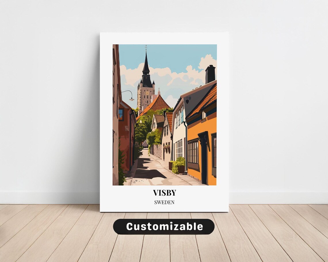 Visby Sweden Old Town Street Church Tower Retro Travel Poster