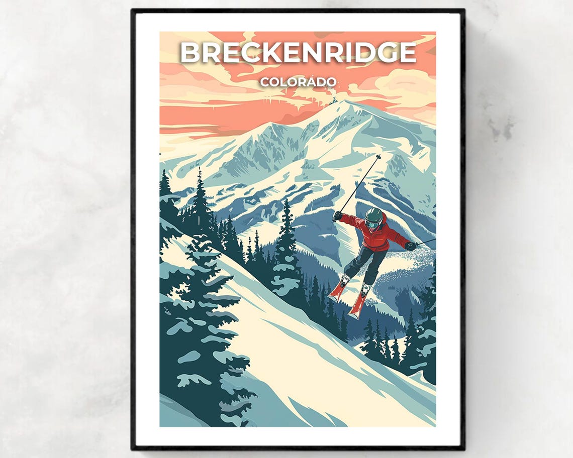 Breckenridge Colorado Skier Jump Mountain Sunset Travel Poster