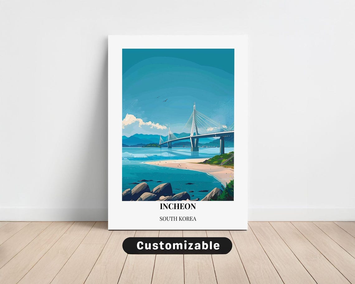Incheon South Korea Daylight Bridge Beach Minimalist Travel Poster