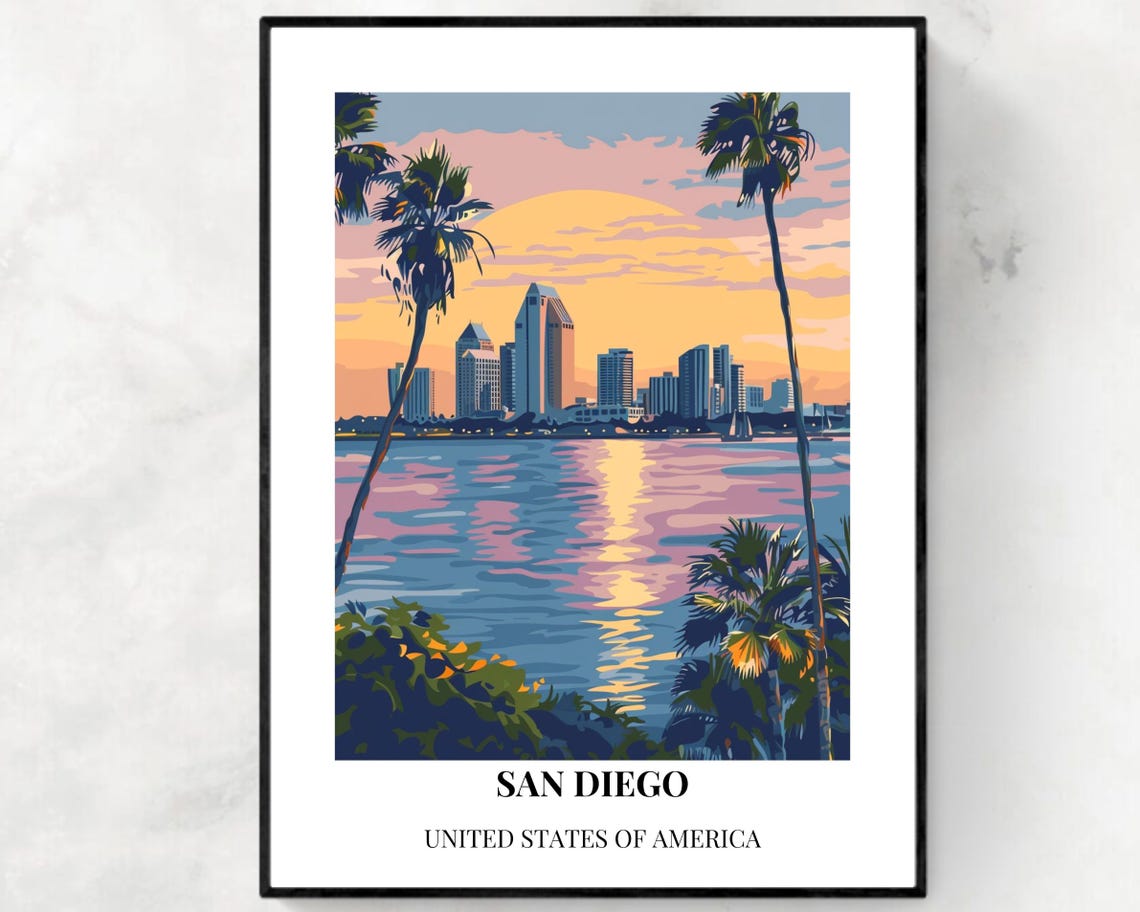 San Diego California Bay Skyline Sunset Palm Trees Gold Poster