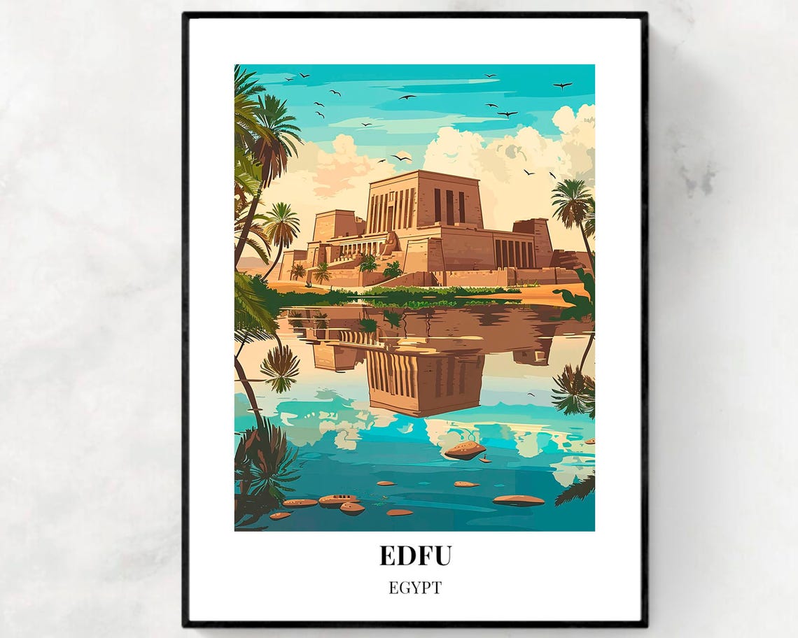 Edfu Egypt Temple Reflection Nile Vintage Travel Poster Scene